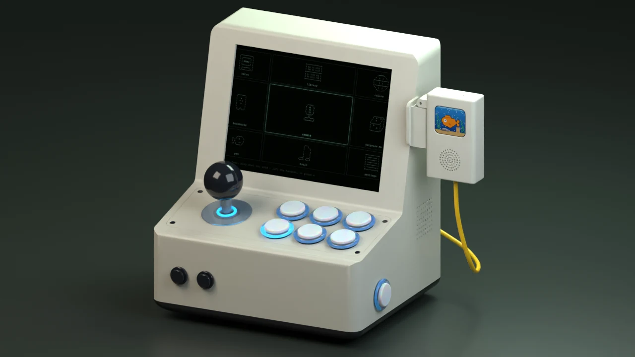 Fully assembled VibeConsole arcade with display, joystick, RGB buttons and companion microphone.