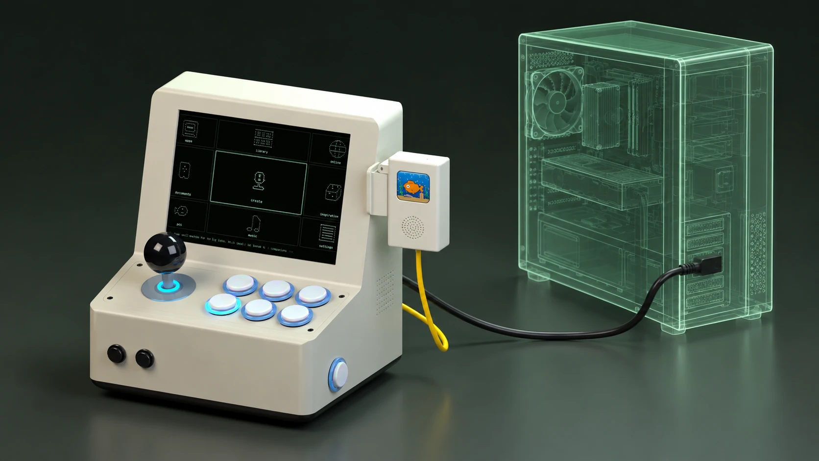 Assembled VibeConsole connected by a cable to a translucent ghost PC representing your own computer.